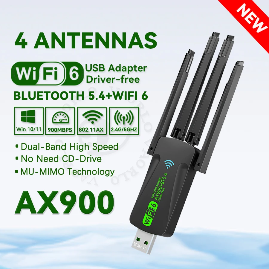 

2-в-1 Bluetooth 5.4 + Wi-Fi 6 USB Dual-Band (2.4G+5G) 4 антенны Wi-Fi адаптер беспроводной связи, Dongle 900 Мбит/с 802.11AX высокоскоростной беспроводной сетевой приемник для ПК и ноутбуков Windows 10/11, без драйверо