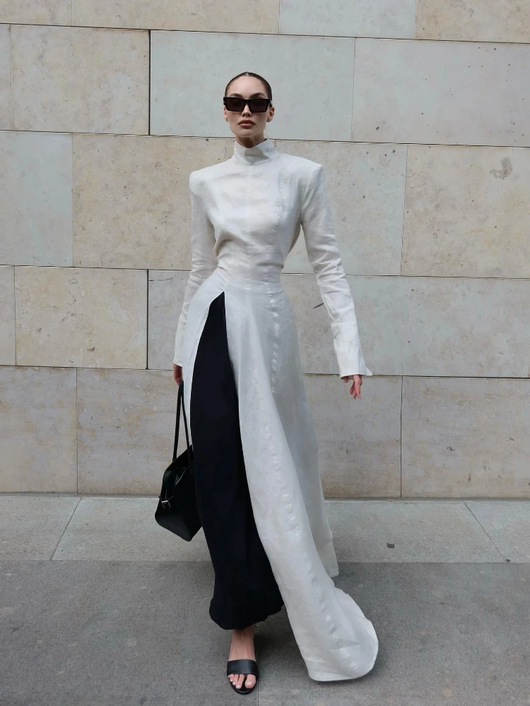 

Retro Slim Long Robe Pleated Pant Set Women Casual Solid Stand Collar Slit Shirts Loose Pants Sets Lady 2025 Chic Street Outfits
