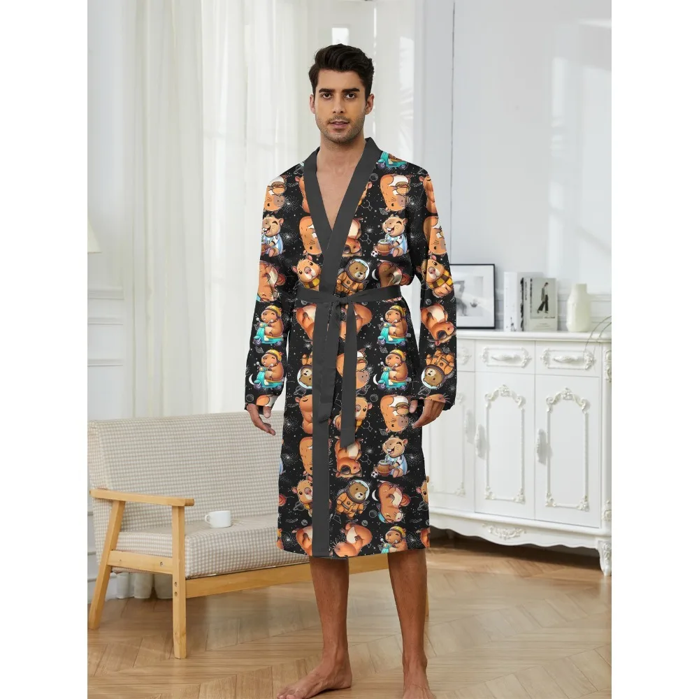 

Мужской легкий халат с длинными рукавами и 3D принтом Капибалы, регулируемый пояс, свободный универсальный домашний костюм на четыре сезона, гладкий шелковый костюм
