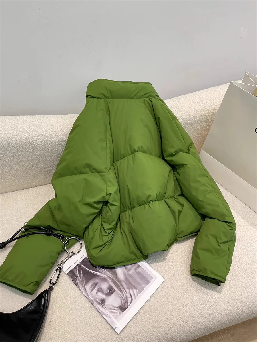 Green Stand Collar Wadded Jacket Women's Casual Single Breasted Short Cotton Coat Korean Long Sleeved Warm Padded Clothes