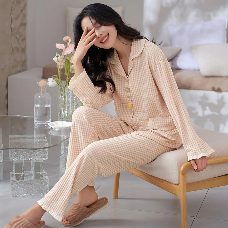 long-sleeved shirt tops + long pants pajamas sets cotton nightwear big yards M-3XL plaid pyjamas women autumn sleepwear 2pcs/set