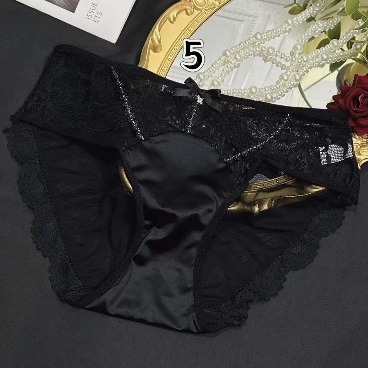 Ropa interior sexy de encaje negro para mujer, pantalones triangulares huecos sexys de satén