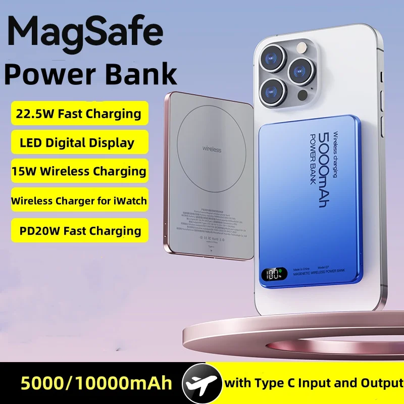 

New 10000mAh Ultra Thin Power Bank Magnetic Wireless for iWatch Airpods Magsafe Powerbank 22.5W Fast Charging for iPhone 16 15