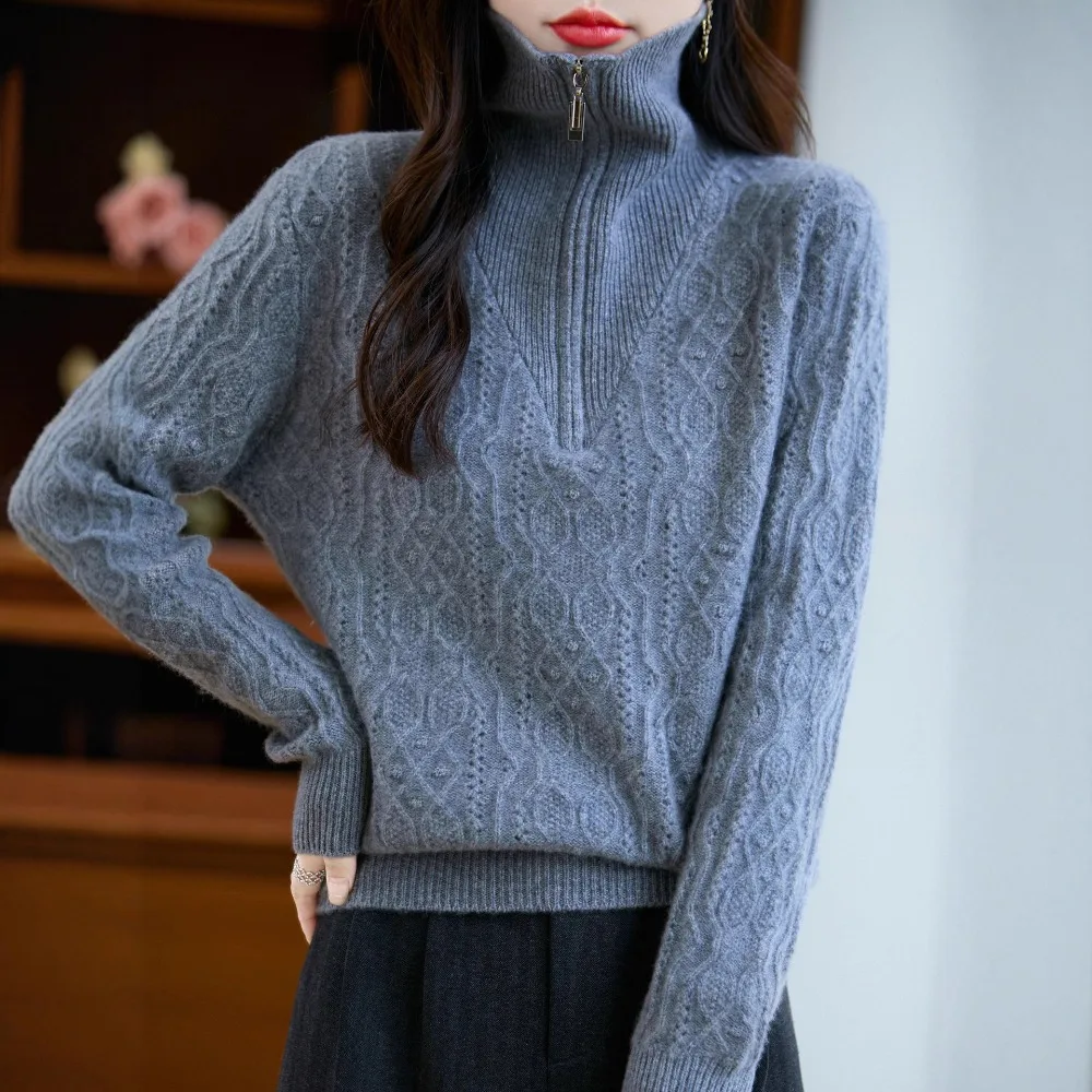 

French High-end Pure Wool Knitted Sweater Women's New Zipper Lapel Thickened Sweater Base Top Casual Comfortable