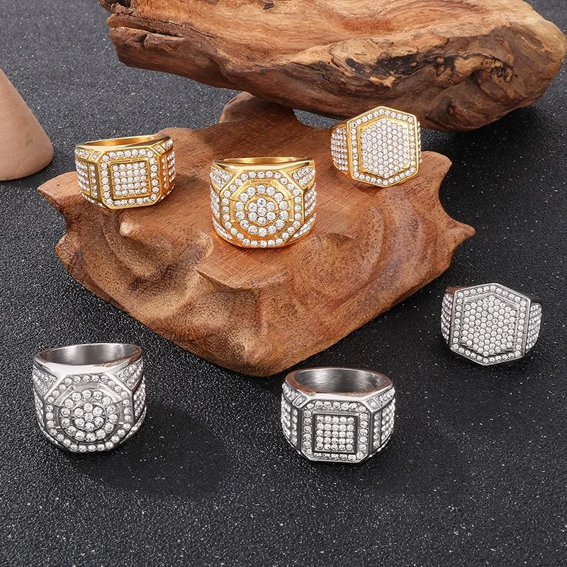 

Hip Hop Full Rhinestone Larger Finger Rings for Men Shiny Stainless Steel Gold Color Cocktail Ring Gift Party Jewelry Wholesale