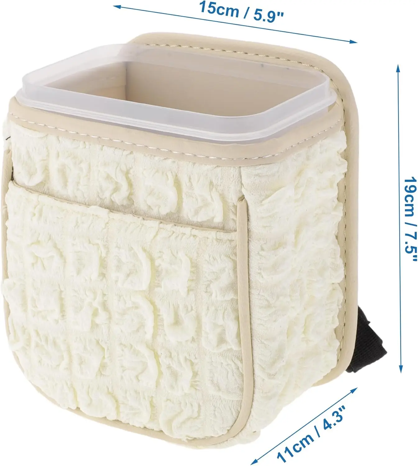 سلة مهملات السيارة محمولة ومعلقة بطول 5.9 بوصة وعرض 4.3 بوصة ارتفاع 7.5 بوصة قماش بيج وأبيض 1 قطعة