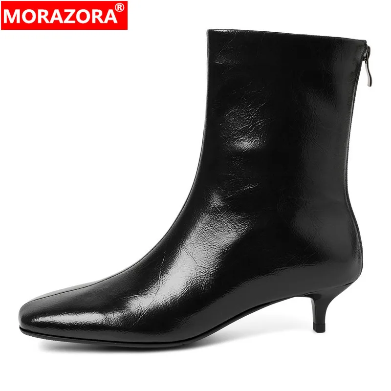 MORAZORA Ins Brand Genuine Leather Ankle Boots Women Back Zipper Square Toe Mid Heels Fashion Party Office Dress Shoes
