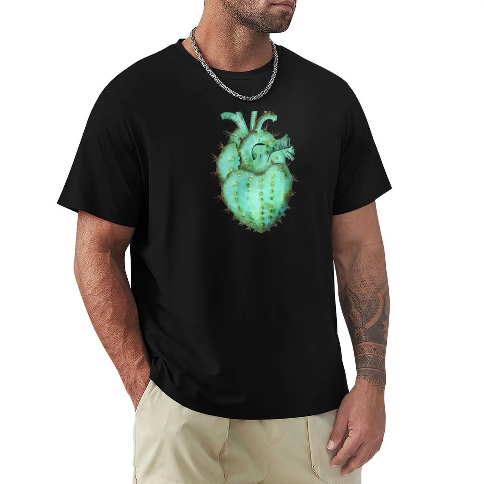 Human heart shaped cactus succulent plant with pink flower watercolor technique T-Shirt All Weather Casual Short Sleeve