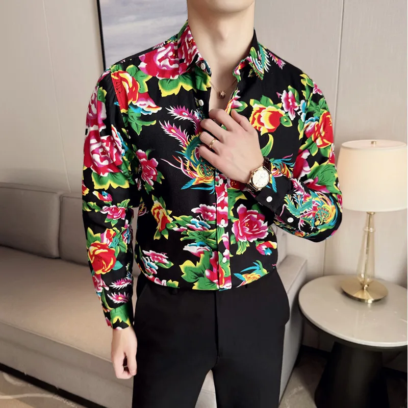 Northeast Big Flower Design Men Shirt Chinese Style Long Sleeve Shirts Button Tops Trend Streetwear Casual Oversize 6XL