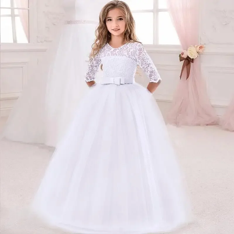 Elegant Princess Lace Dress for Kids Flower Embroidery Dresses Teens Girl Vintage Children Wedding Birthday Party Pink Ball Gown