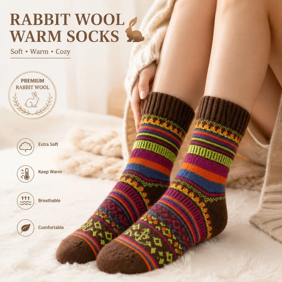 Women Rabbit Wool Blend Mid‑Calf Socks Colorful Stripe Ethnic Retro Knit Socks Winter Warm Thermal Casual Ladies Crew Socks