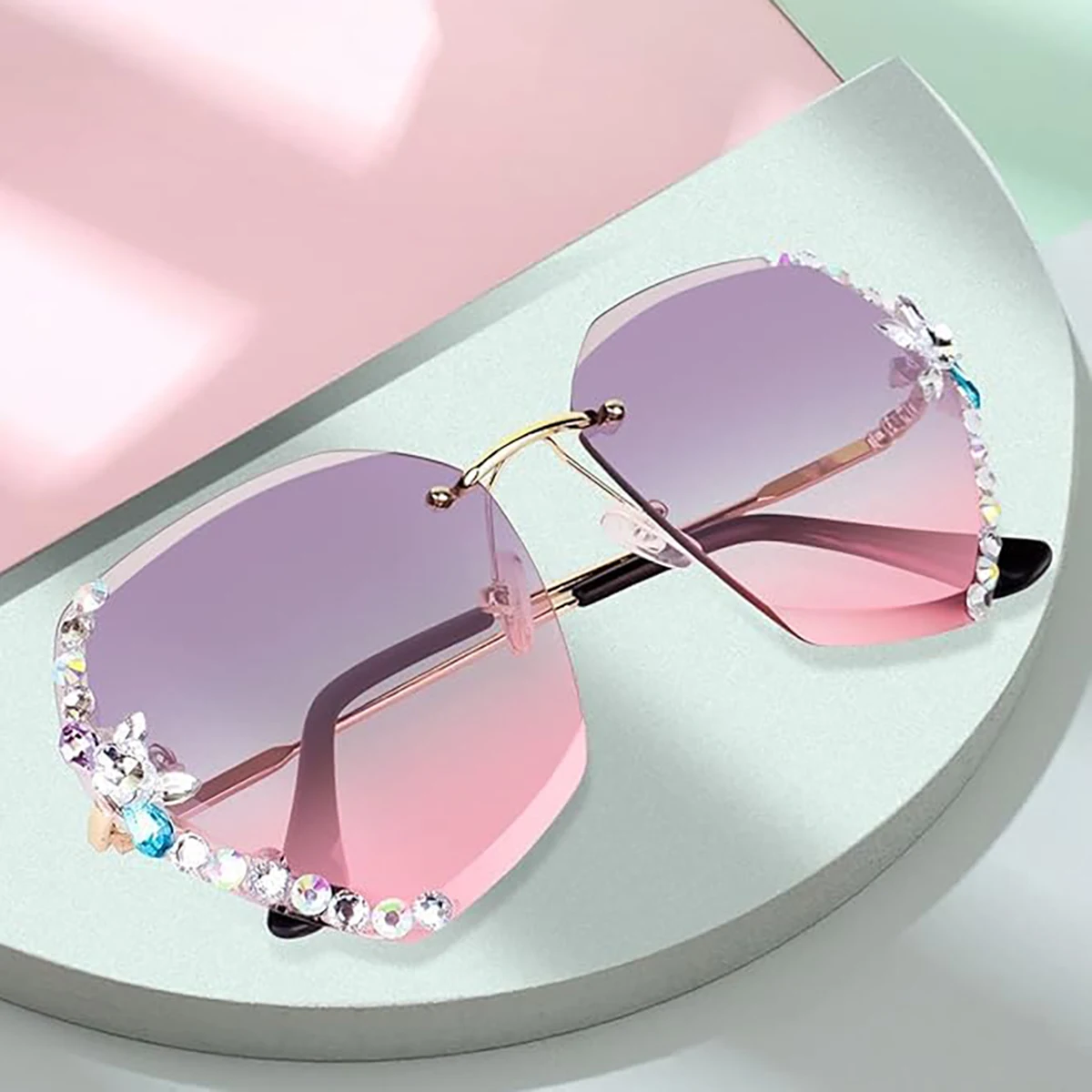 Bezramkowe diamentowe okulary przeciwsłoneczne Kobiety Mężczyźni Moda Polygon Oversized Frameless Glasses Retro Pink Gradient Car Driving Sun Glasses