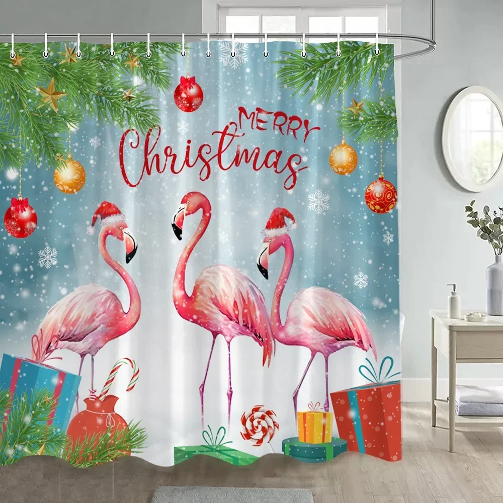 Funny Flamingo Christmas Shower Curtain Winter Forest Cedar Snowflake Nature Snow Scene New Year Xmas Bathroom Decor With Hooks