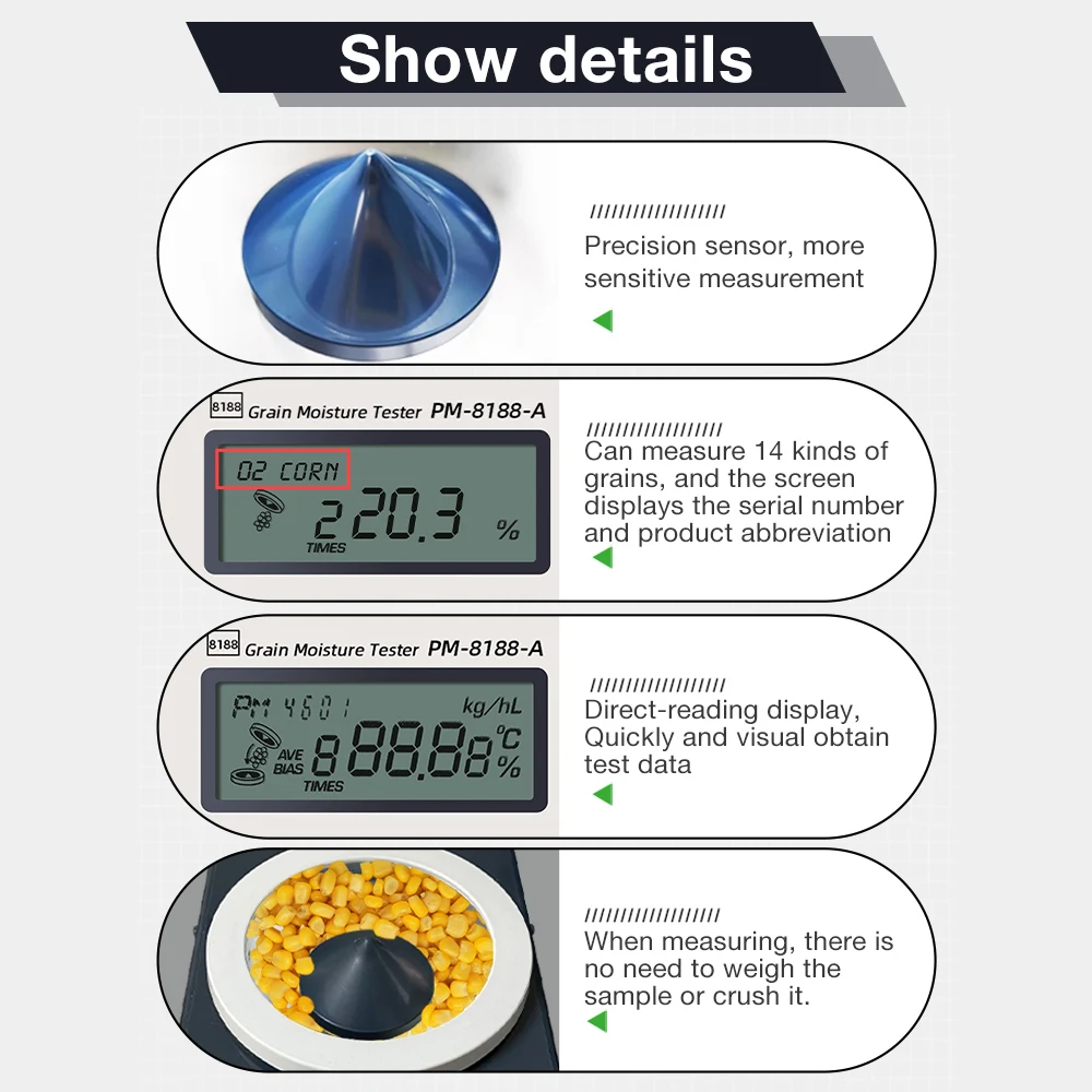 PM-8188-A Getreide Feuchtigkeit Meter Feuchtigkeit Analysator LCD Display Körner Temperatur Meter Sojabohnen Weizen Erdnüsse Feuchtigkeit Tester