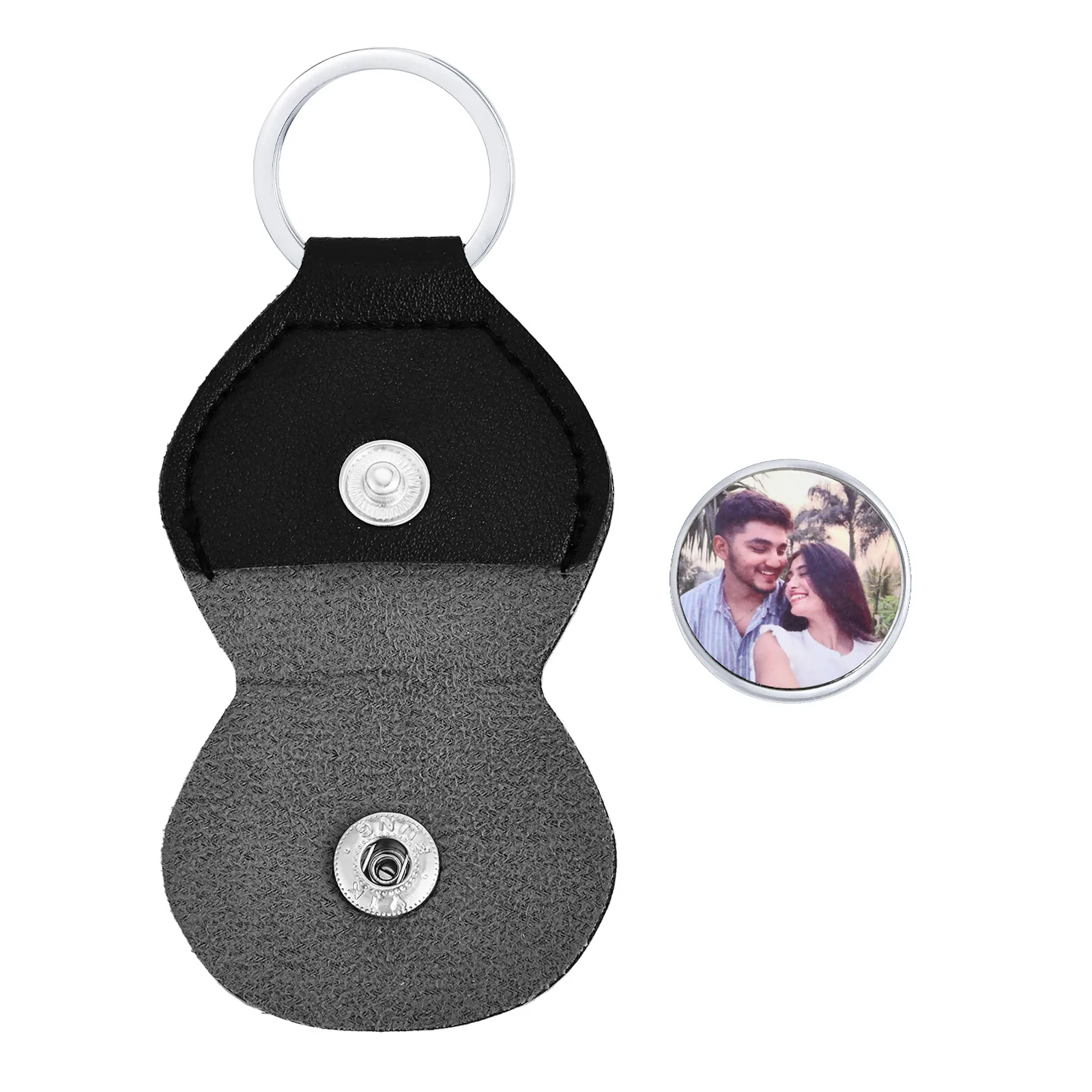 

Vnox Pocket Hug Keychain for Men Fathers Day Gift , Black PU Leather Stainless Steel Keychains with Custimized Photo Key Chain