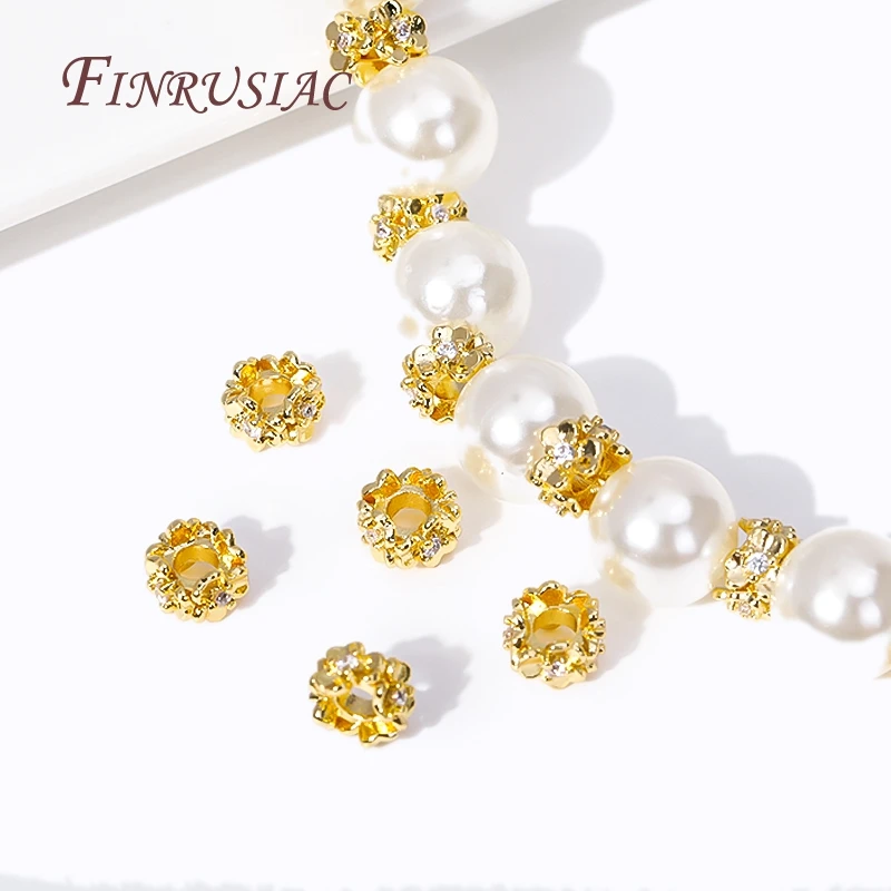 18K Gold Plated Inlaid Zircon Flowers Spacer Beads Brass Metal Large Hole Beads DIY Beading Jewelry Supplies,Beads Separator