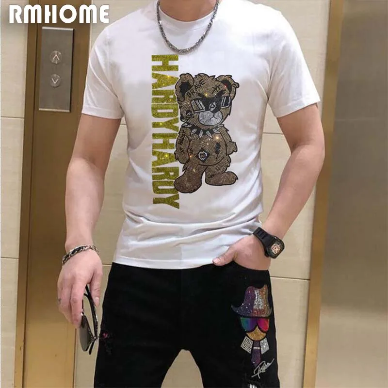 Men\'s Rhinestone T-shirt Trendy Bear Pattern Design Cotton Male Short Sleeves Tees Summer Homme Tops Casual Streetwear Clothing