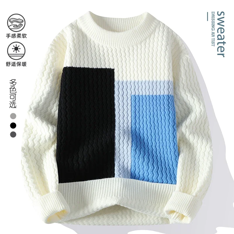 

2024 Autumn/Winter Men's Fashion Color blocked grid pattern Sweaters Knittwear Men sweater youth Thick Warm wool pullovers M-4XL