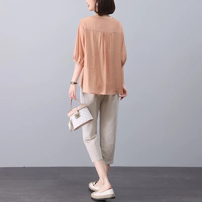 Baumwoll-Leinen-Set für Damen, Sommer, 2024, Faion, locker, Übergröße, Leinen, kleine Mutter, trendiges Anti-Aging-Zweiteiler-Set, lässiges Sle Pure...