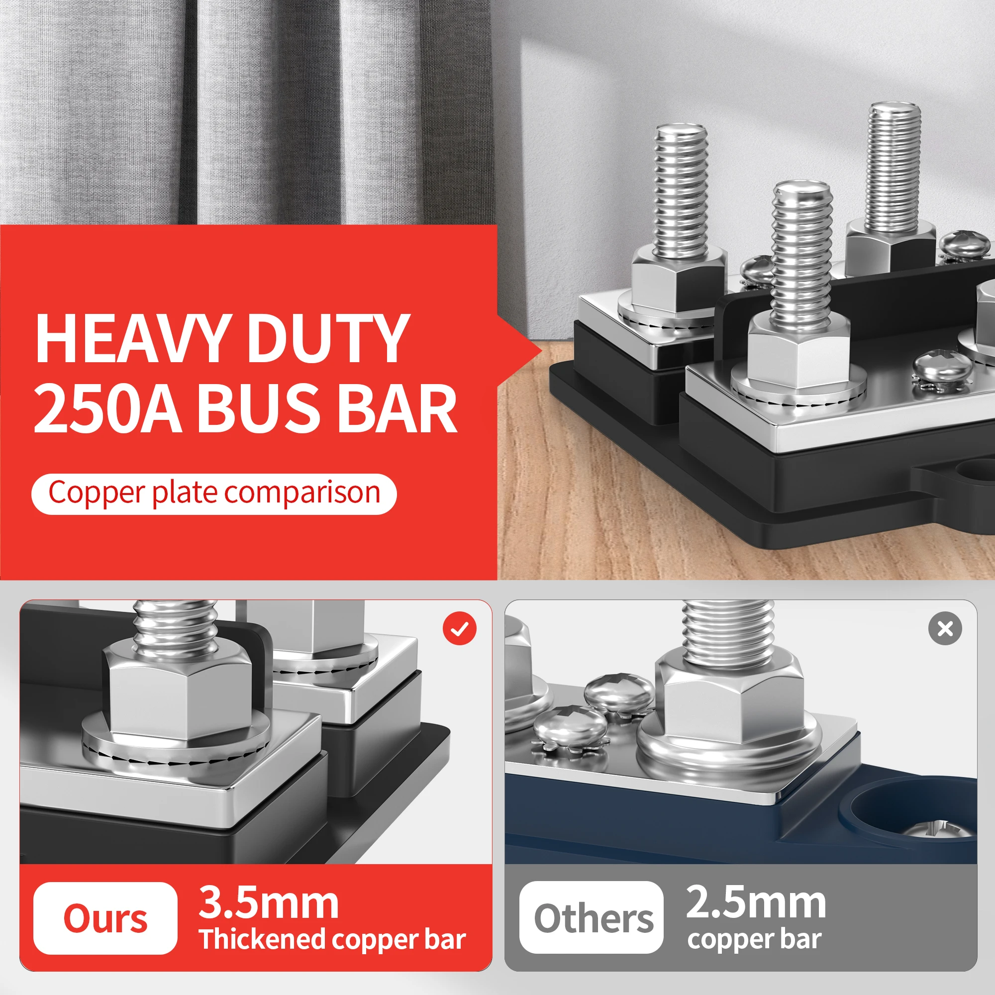 250A Dual Row Bus Bar 12V Power Distribution Block 8 x 3/8\