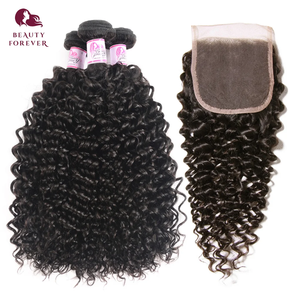 

Beauty Forever 12A Raw Human Hair Bundle With Closure Brazilian Curly Virgin Human Hair Weft 3 Bundles 100% Human Hair Extension