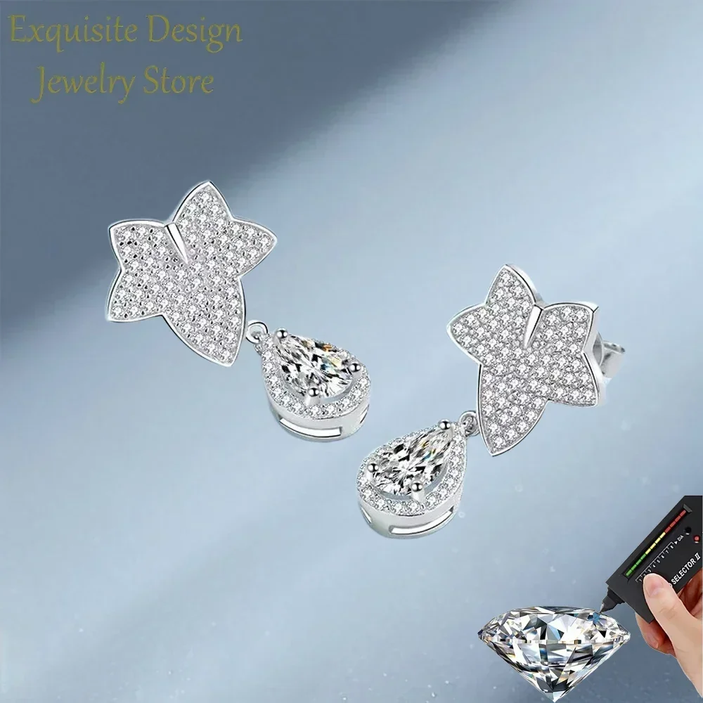 Brilliant Maple Leaf Shape 1/2ct Moissanite Diamond Earrings, Classic Women's PT950 Drop Earrings Wedding Fine Jewelry Girl Gift