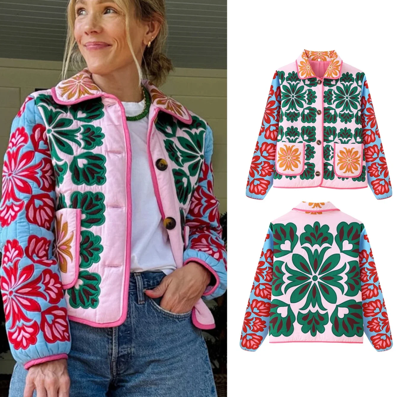 

Women's Fashion Print Panelled Quilted Jacket Coat Female Long Sleeve Pocket Cardigan Coat Autumn Winter Daily Casual Outerwear