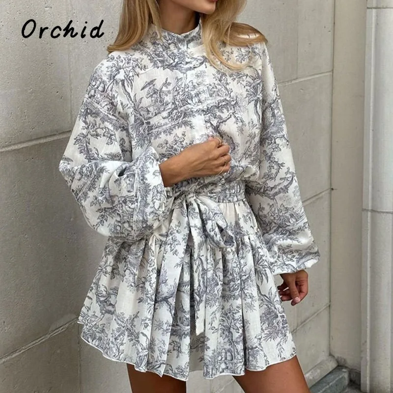 

Vintage Long Sleeve Floral Print Slim Pleated Mini Dresses 2025 Summer Women Elegant Casual Lace-up Thin Chiffon A-Line Dress