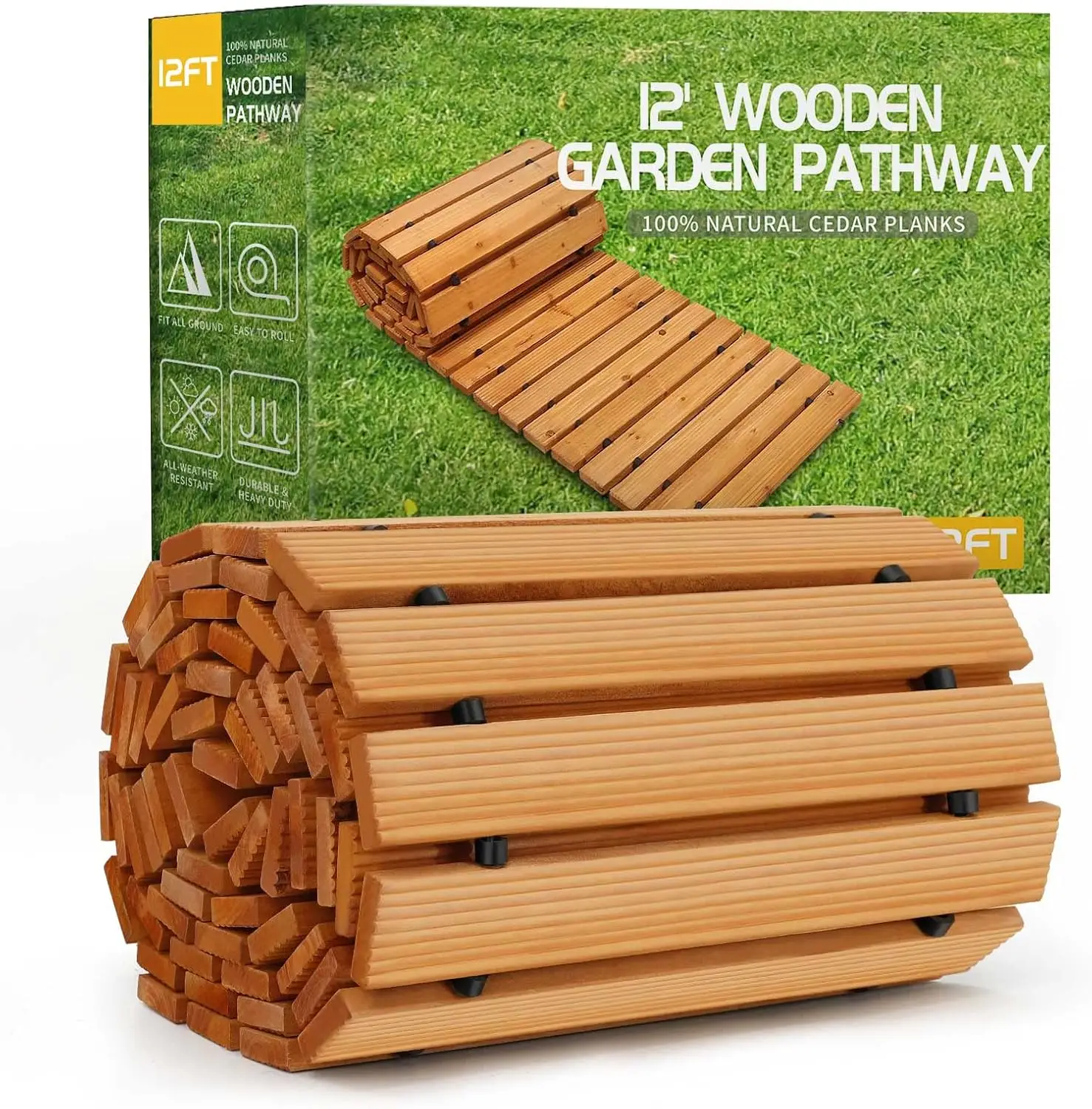 12' Wooden Garden Pathway,Outdoor Roll Out Cedar Straight Walkway,Patio Path Decorative Garden Boardwalk Walkways,Weather