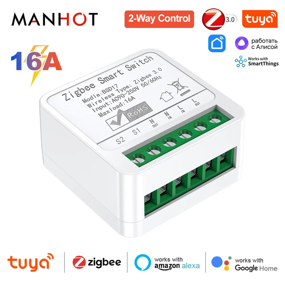 Tuya 16A Zigbee Mini DIY Smart Switch Module Relay support 2-way Control Timer smart life Works With Alexa Google Home Alice