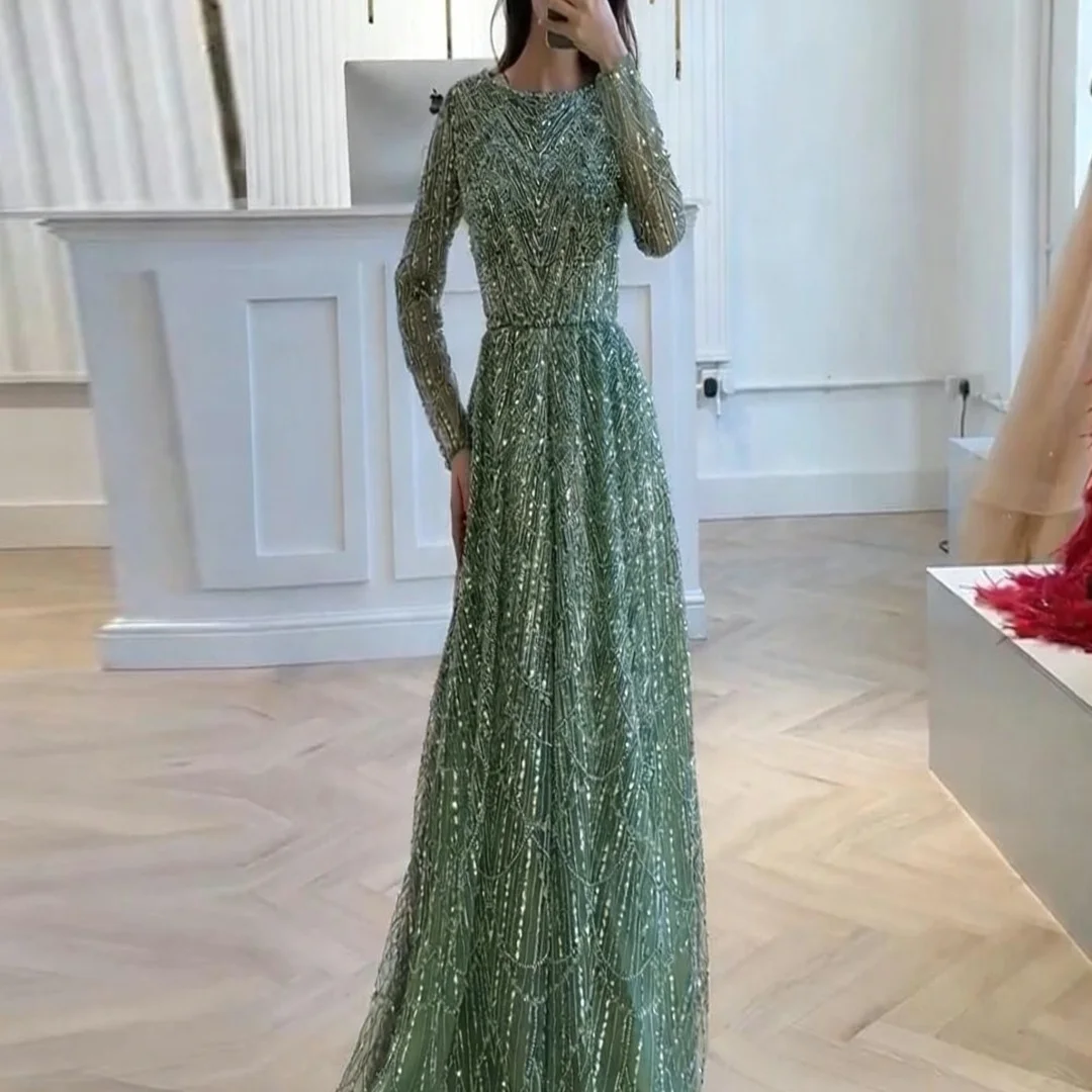 

Роскошные вечерние платья трапециевидной формы с длинными рукавами и бусинами по индивидуальному заказу, вечерние платья для выпускного вечера на день рождения для женщин