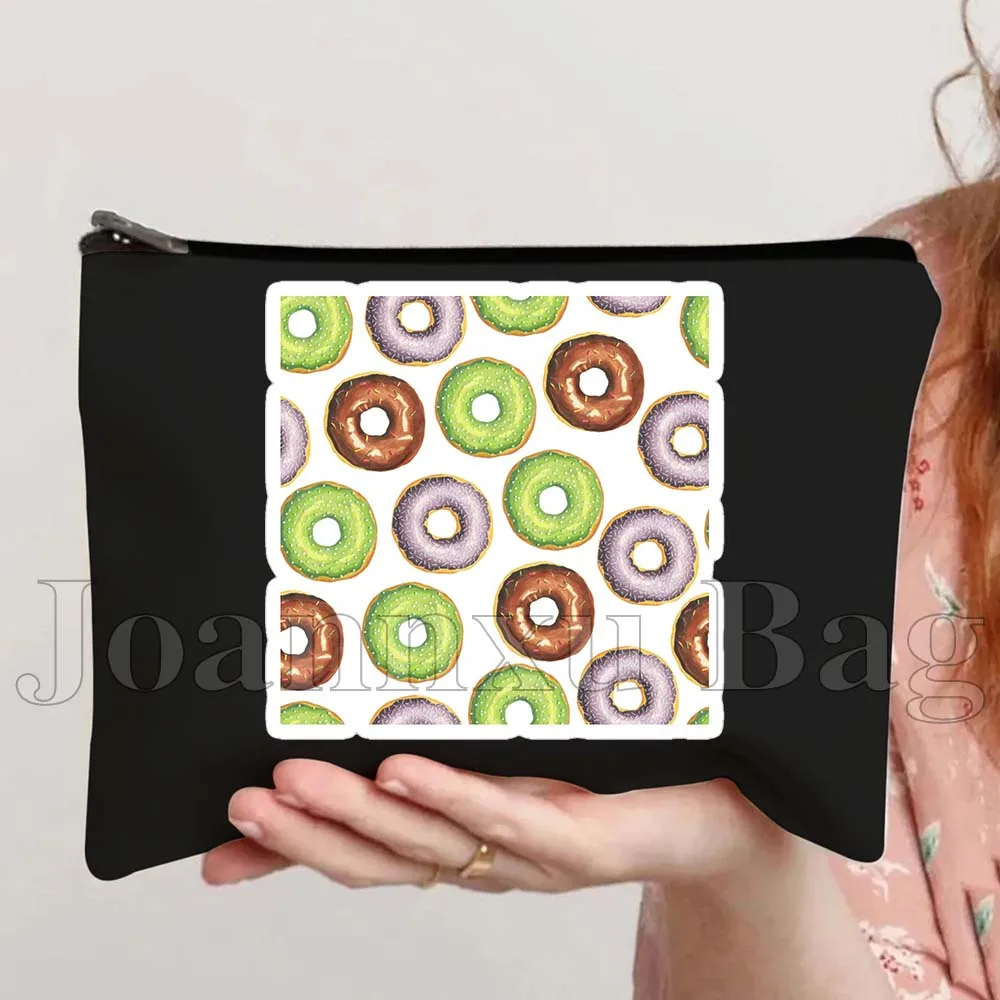Cute Food Sweet Desserts Pastry Dark Chocolate Cheesecake Macaron Donuts Canvas Cosmetic Bag Makeup Toilet Bag Pencil Case Pouch