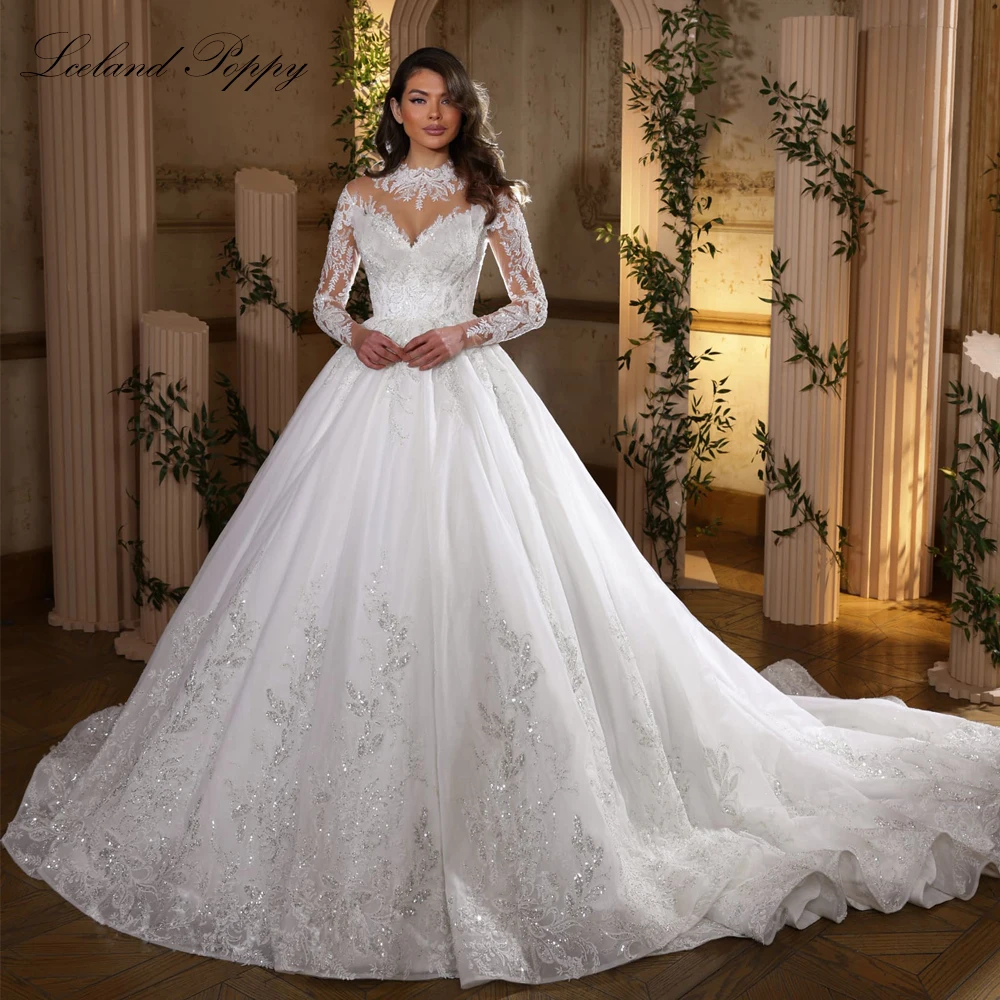 Lceland Poppy Customized O Neck Full Sleeves Ball Gown Lace Wedding Dresses Floor Length Beaded Bridal Gowns with Chapel Train
