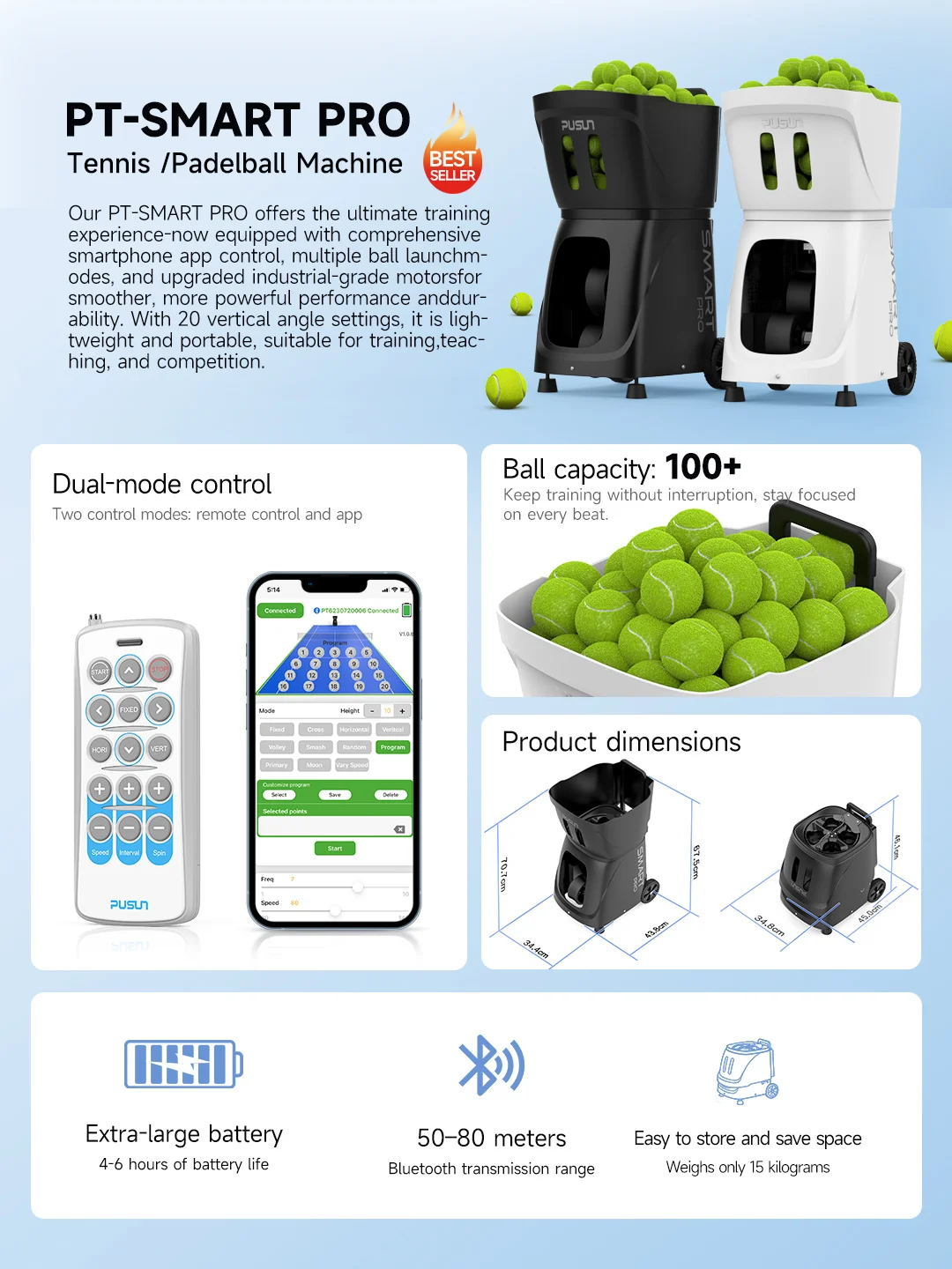 PUSUN Hot Sale APP Control Tennis Ball Machine Professional Automatic Launcher For Tennis Training