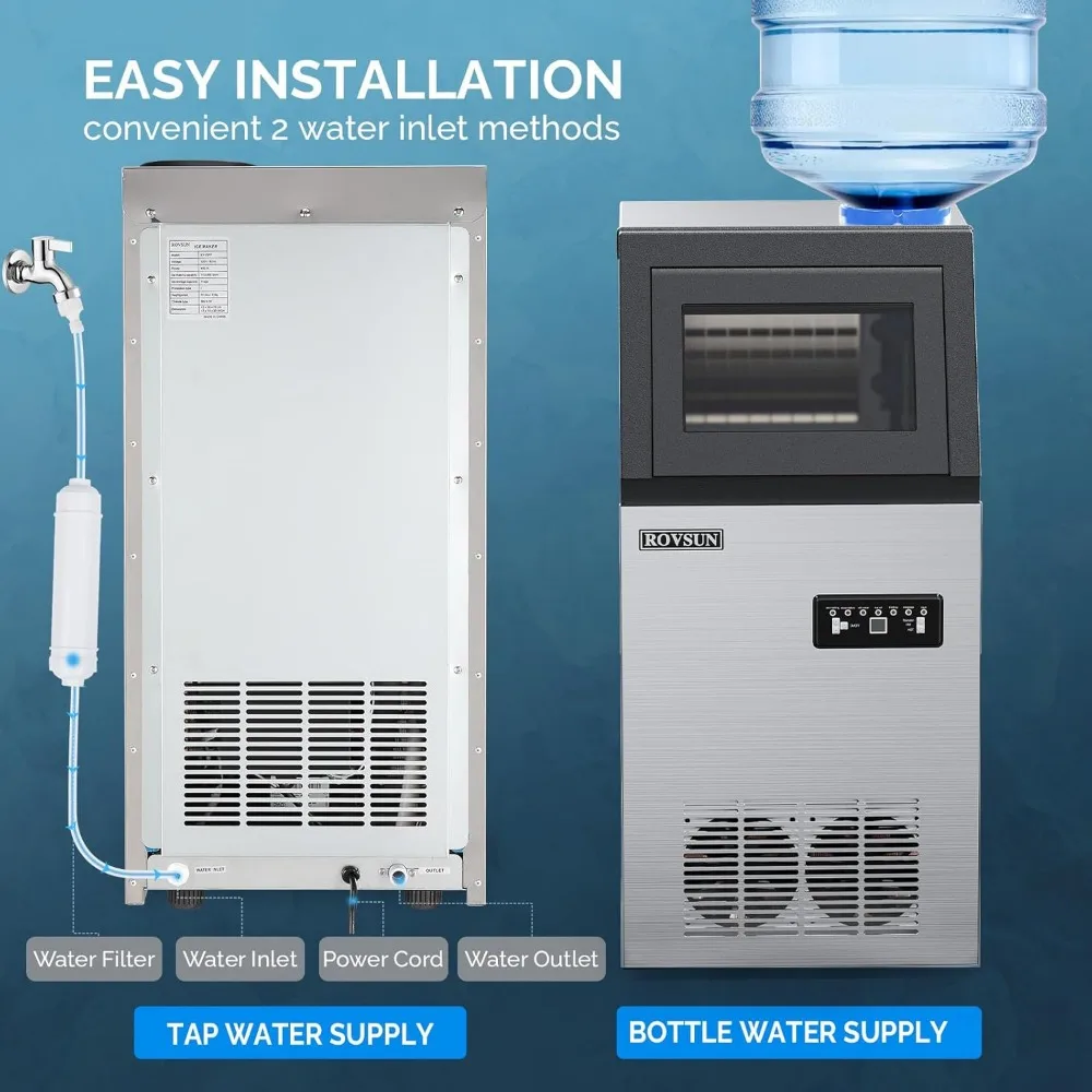 Commercial Ice Maker Machine with 2 Water Inlets, Freestanding Ice Machine with 24lbs Storage Bin, Ice Scoop & Water Filter