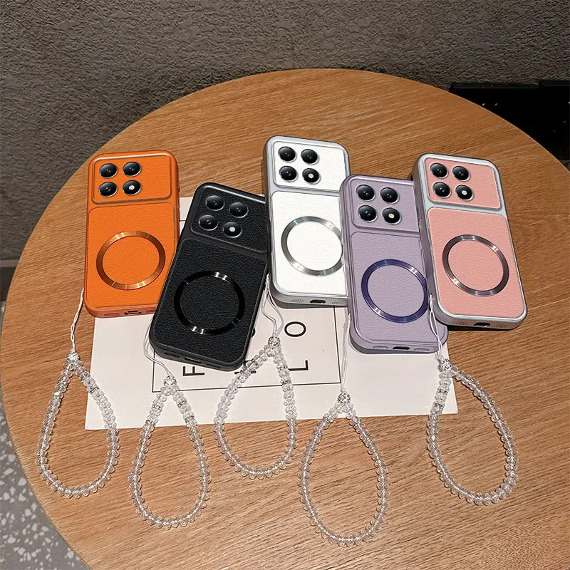 Luxury Vintage PU Lychee Leather with Magnetic Circle Crystal Beaded Strap TPU Phone Case For Xiaomi 14T 14 Pro Ultra Back Cover