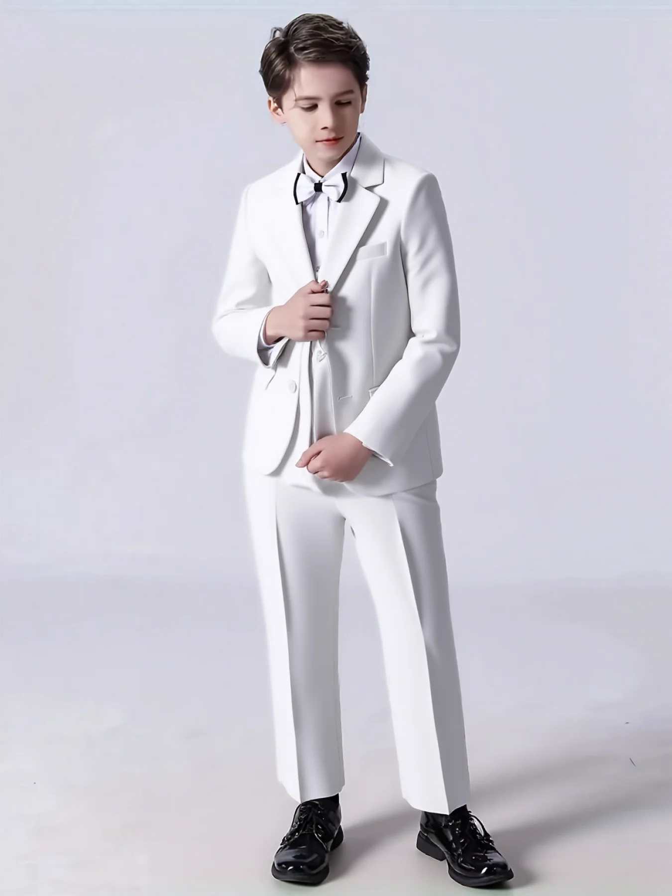 Boys White Baptism 4Pieces/Set Jacket Vest Pants Bowtie Photography Suit Kids Wedding Party Dress Children Performance Costome