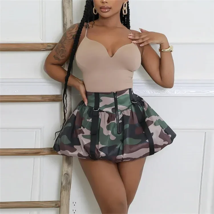 GIOIO Women Camouflage Slim Spliced Multiple Zippers Mini Skirts Autumn New Fashion A-line Skirts