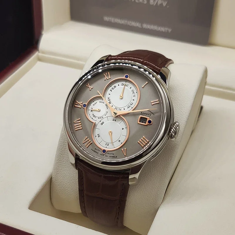 Relojes mecánicos automáticos BORMAN de marca de lujo para hombre zafiro 50M resistente al agua esfera multifunción relojes de cuero Retro BM18011