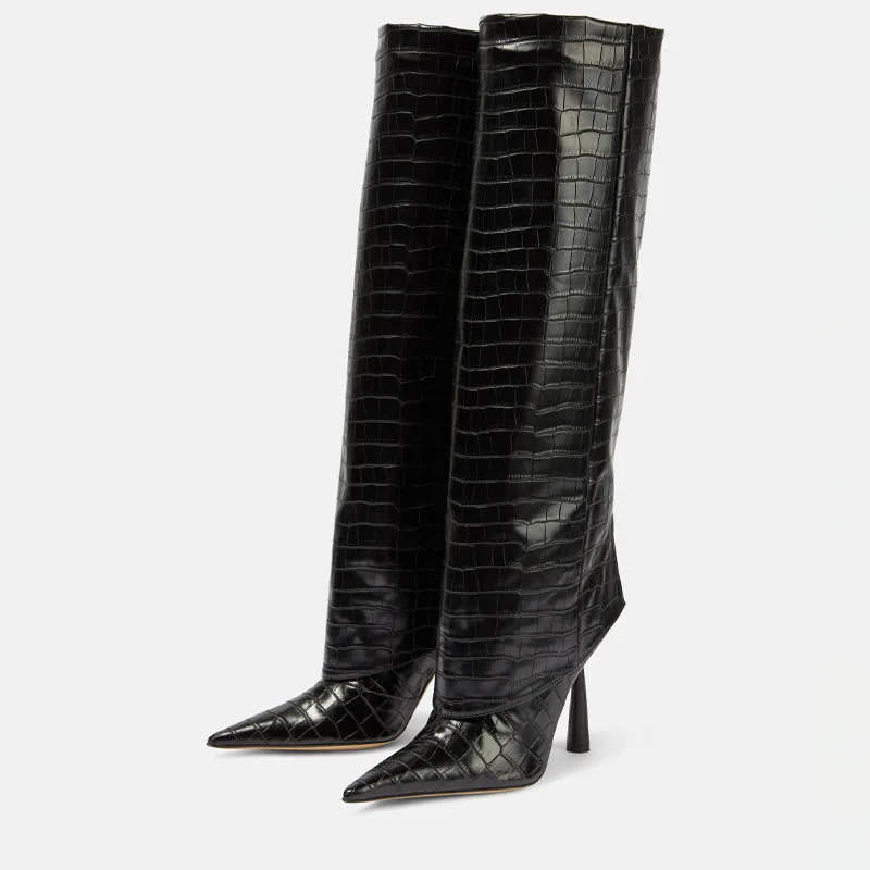 

Stone Pattern Pointed Stiletto Trouser Boots Large Long Tube Circumference Knight Botines Soft Leather Women Botas Femininas