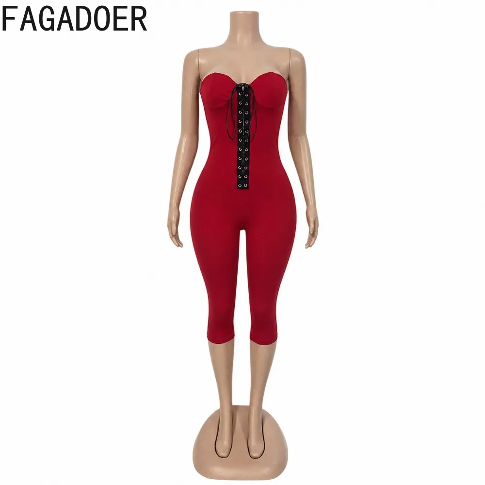 FAGADOER Sexy Women 2 Piece Jumpsuit Set Lace Up Strapless Bodycon Capri Jumpsuit with Long Sleeve Crop Shrug Fall Club Outfit - view 5