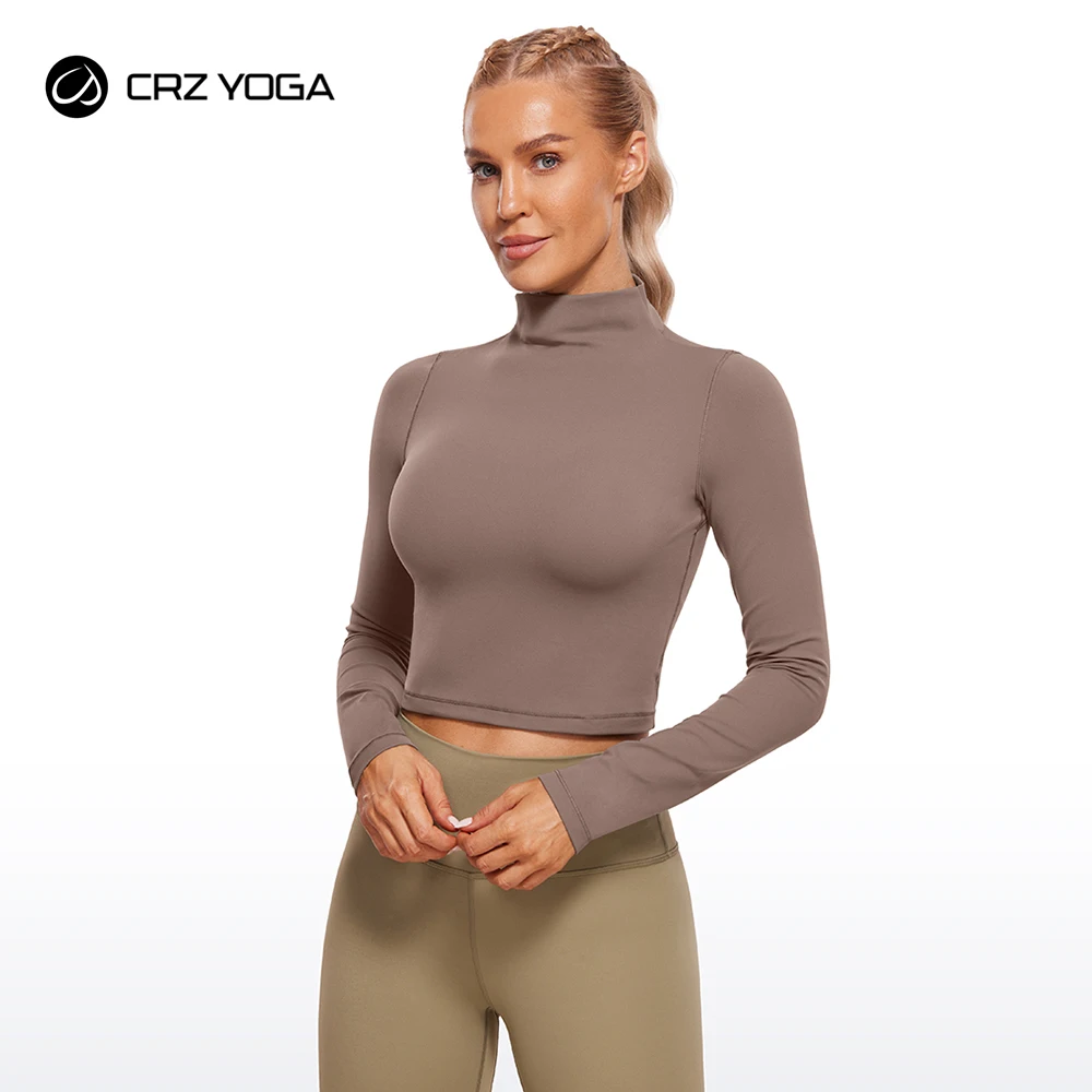 

CRZ YOGA Womens Butterluxe Mock Turtleneck Long Sleeves Crop Tops Slim Fit Athletic Workout Casual Base Layer Shirts