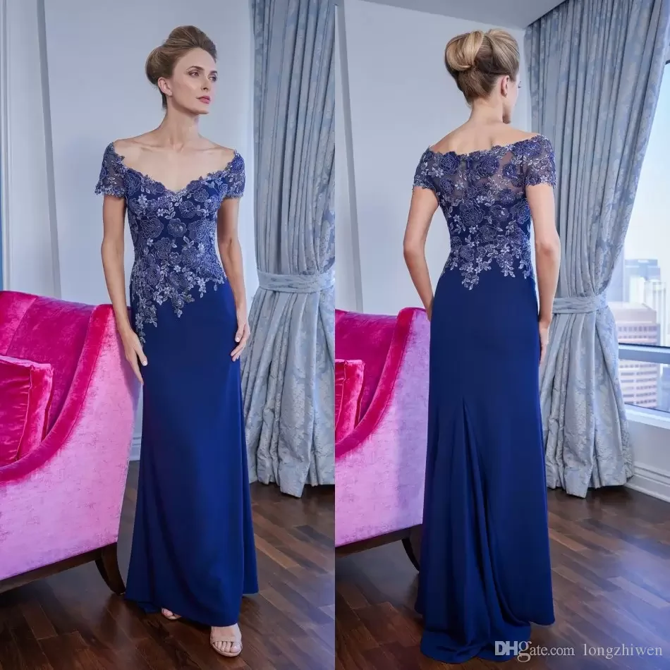 Elegant Great Blue Mother Of Bride Dresses Appliques Satin Off Shoulder Evening Dress Floor  Length Chic Mothers Formal Gowns