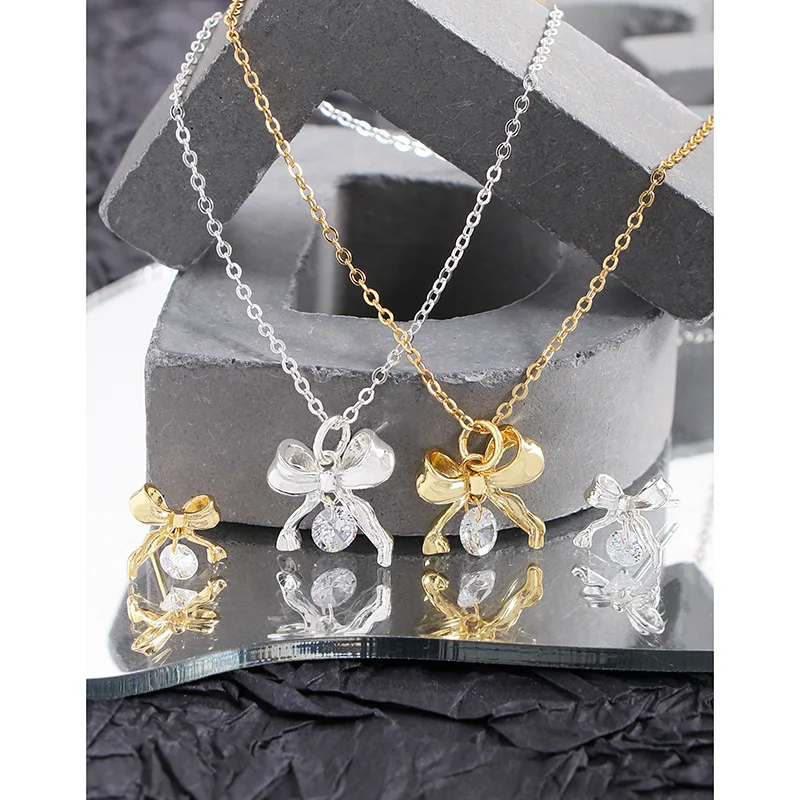 Korean Version INS Niche Light Luxury Design Sense Personality Versatile Bow Zircon Stud Sterling Silver S925 Women's Earrings