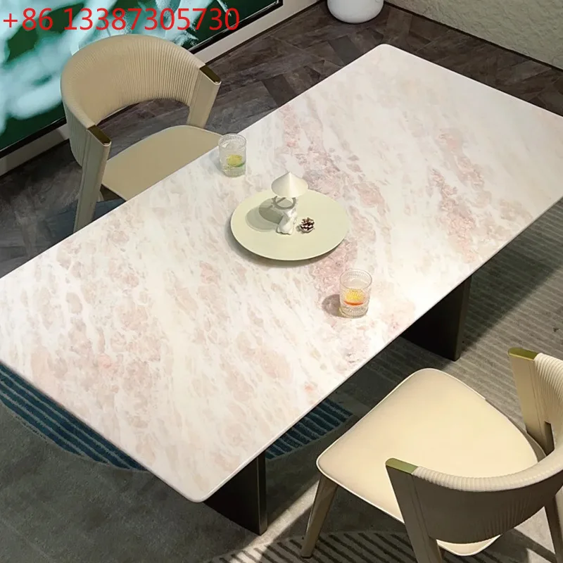 Luxury stone dining table rectangular cream style girl's heart rose natural marble dining table