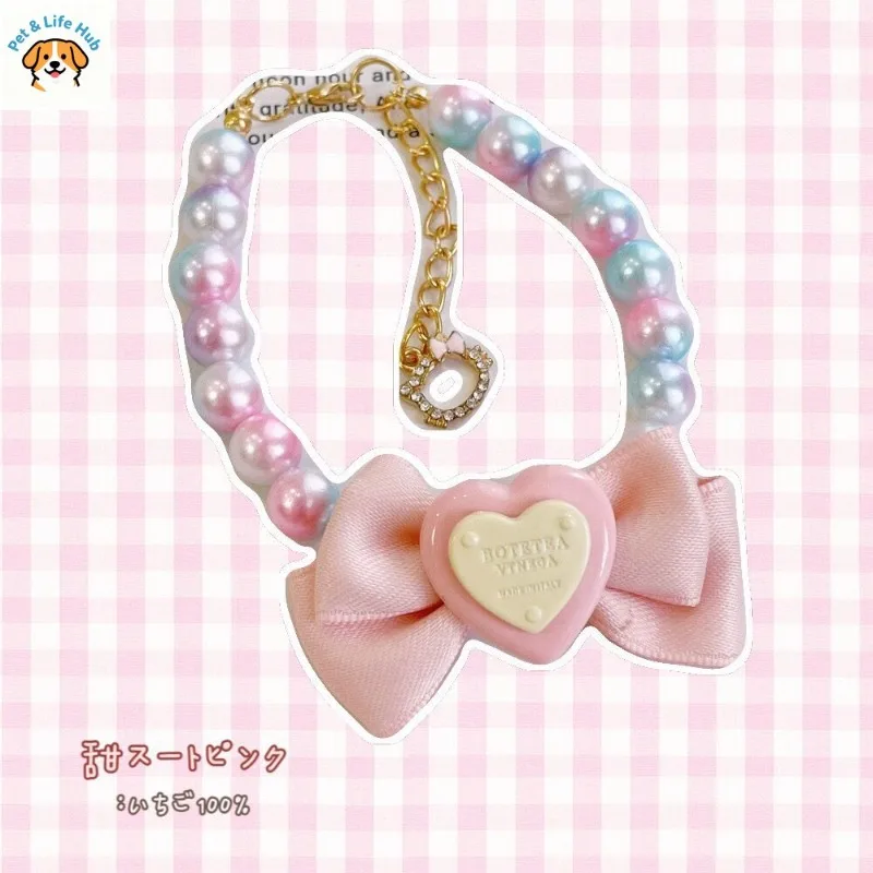 

Ошейник в стиле принцессы для щенков, нагрудник для собак с бантиком в виде сердца, жемчужное ожерелье для кошек, аксессуары для котят, ошейник для домашних животных