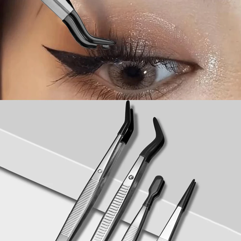Schwarze Pinzette mit Silikonspitzen, Edelstahl, gerade, gebogen, Pinzette für falsche Wimpern, Haarentfernung, Make-up-Werkzeug, Picking-Tool