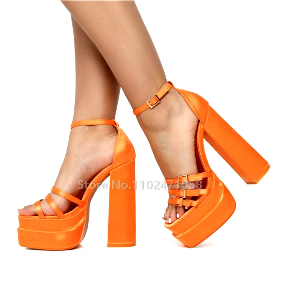 

Silk Narrow Band Ankle Buckle Women Sandals Summer Fashion Catwalk Chunky Platform Square Heels Shoes Ladies Party Hight Heels