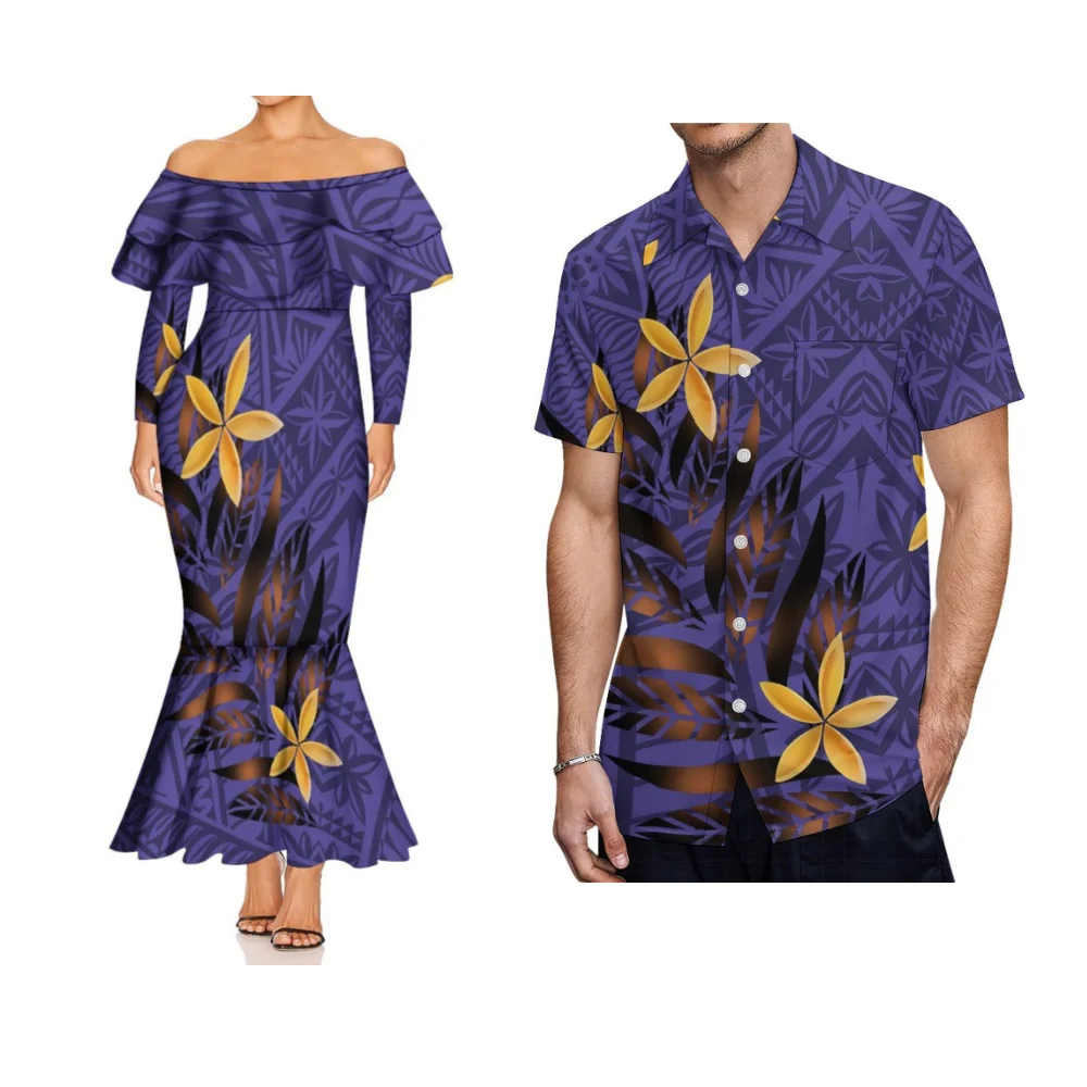 Verão polinésia padrão personalizado de um ombro dupla camada babados manga comprida vestido rabo de peixe fino de alta qualidade