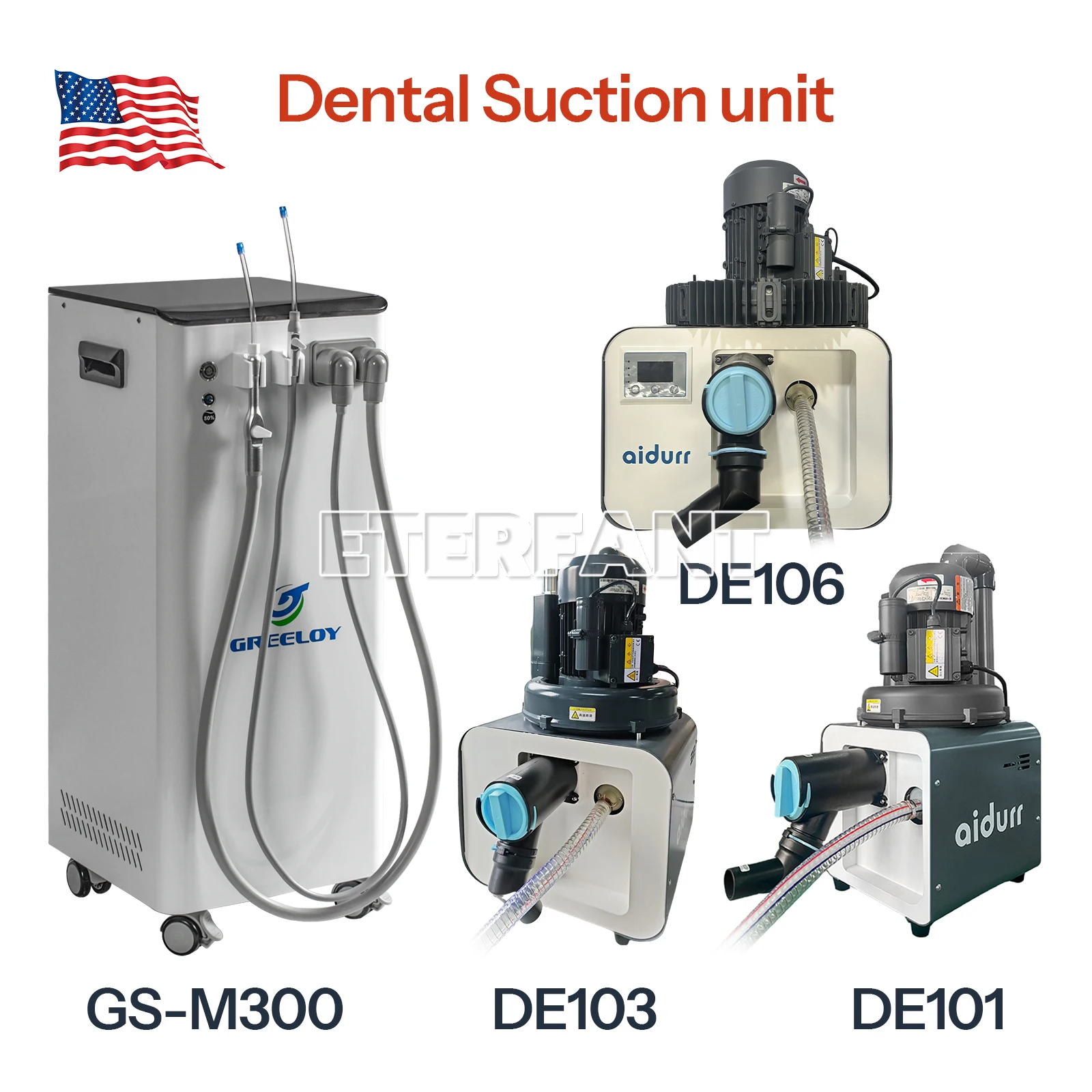 

ETERFANT Dental Electric Suction Machine Vacuum System DE101/DE103/DE106 Vacuum Pump Semi-Dry Type/Suction Unit System GS-M300